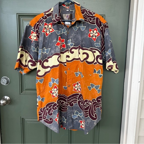 The Territory Ahead Shirt Mens Large Orange Geometric Abstract Floral Hawaiian - Picture 1 of 5